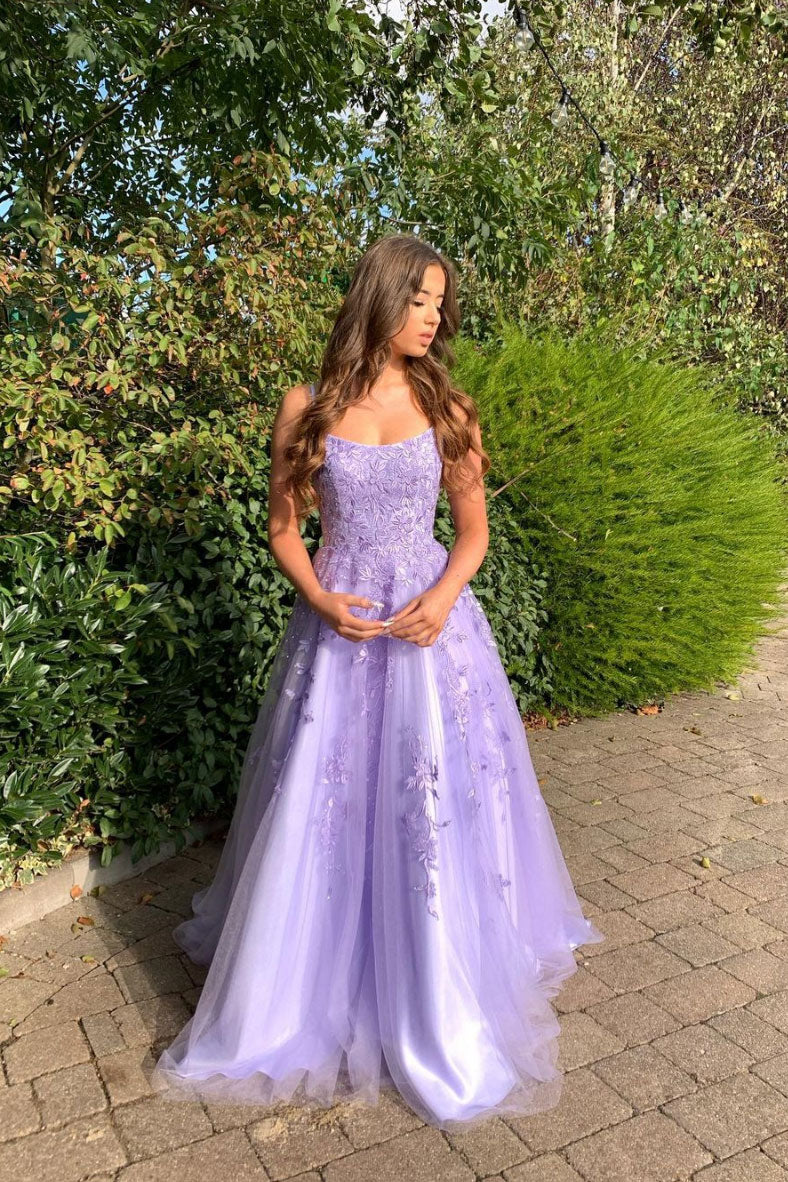 purple tulle lace long prom dress ...